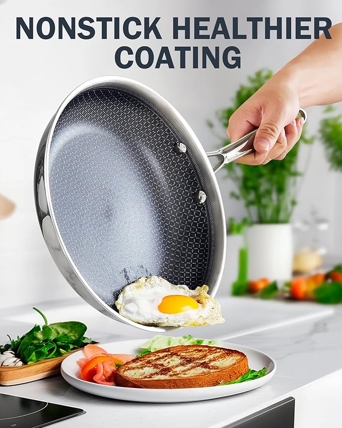 Cooks Standard Hybrid Nonstick Frying Pan, 10-Inch Skillet, Multi-Ply Clad Stainless Steel Fry Pan with Tempered Glass Lids, Oven Safe, Compatible with All Stovetops