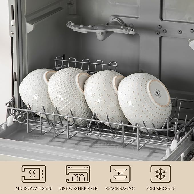 MALACASA Cereal Bowls, 30 Ounce Ceramic Soup Bowl for Kitchen, Stoneware Bowls Set of 4 with Embossment for Pho, Chip, Fruits, Salad, Noodle, Ramen - 6 Inch, Arctic White Series LYDIA