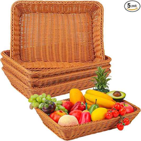 5 Pack 16 Inch Brown Wicker Bread Basket, Handmade Woven Organizer, Rectangular Fruit Baskets, Snack Basket Food Serving Baskets for Dining Table, Candies, Crackers, Fruit, Vegetables