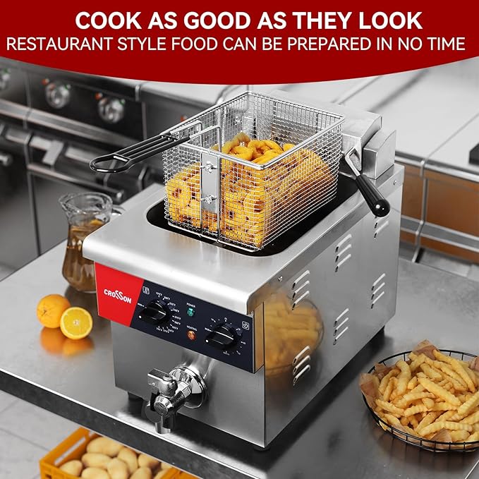 CROSSON 8L Countertop Electric Deep Fryer with Draining Valve,Solid Basket and Lid for Restaurant Use 120V,1800W Stainless Steel Commercial Deep Fryer