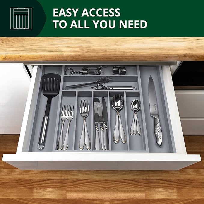 Luxury Bamboo Kitchen Drawer Organizer - Silverware Organizer - Utensil Holder and Cutlery Tray with Grooved Drawer Dividers for Flatware and Kitchen Utensils (9 Slot, Gray)