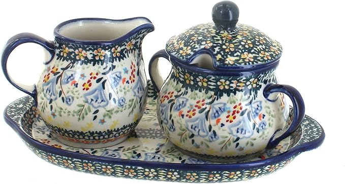Blue Rose Polish Pottery Periwinkle Sugar & Creamer with Tray