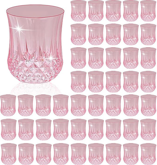 48 PCS Pink Stemless Wine Glasses，Colored Plastic Reusable Cups 9OZ Vintage Drinking Glasses Tumblers for Whisky, Beer, Juice, Beverages, Cocktai