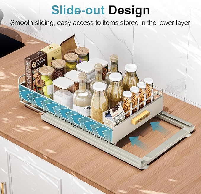 Under Sink Organizer, 2 Pack Pull Out Kitchen Cabinet Organizer, Mute Slide-Out Under Sink Organizers and Storage, Metal Kitchen Bathroom Organizers and Storage Shelves, Grey