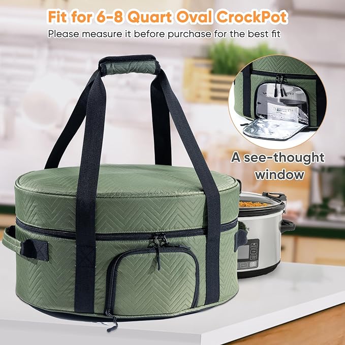 Insulated Slow Cooker Carrying Bag for 6-8 Quart CrockPot and Hamilton Beach Slow Cooker with See-thought Window, Portable Carrier Case with Adjustable Band and Accessory Pocket