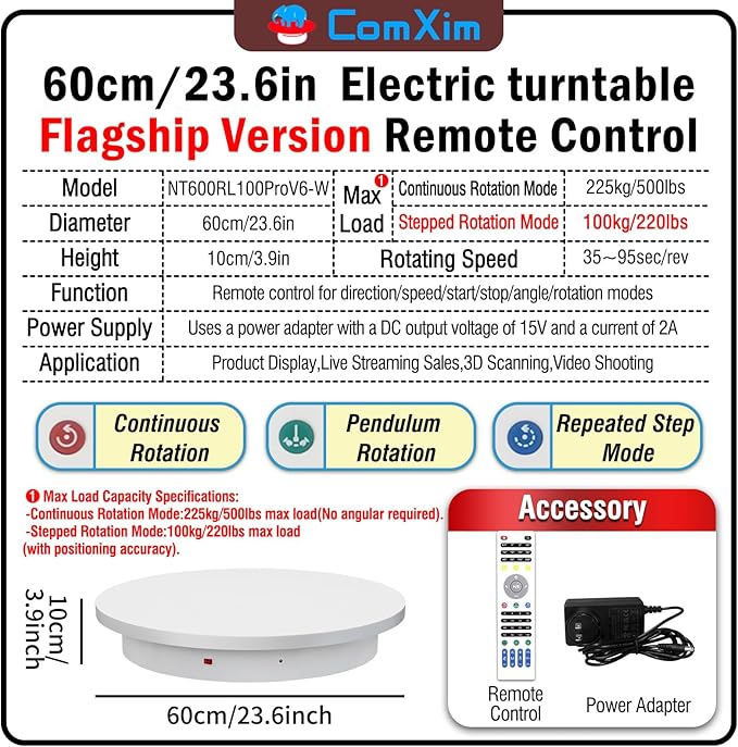 23.6In Remote Large Motorized electric turntable Rotating platform Photography Turntable Motorized lazy susan Base giratoria para for Photography,3D Scanner,Heavy duty display(Load Range:220~500lbs)