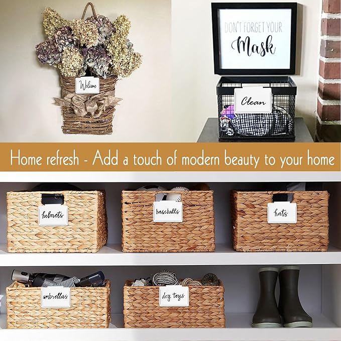 Basket Labels Clip on | Label Holders for Basket or Storage Bins Includes Black Chalk Markers (18 White Holders + 4 Black Chalk Makers)