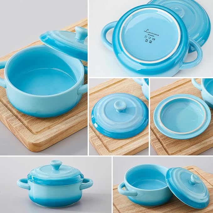 LOVECASA Mini Cocotte Set, 12 OZ Small Casserole Dishes with Lids, Soup Bowls With Handles, Individual Ramekins, Oven, Microwave & Dishwasher Safe, Set of 4, Blue