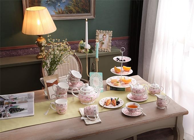 London Boutique Porcelain Teapot Sugar Bowl and Cream Milk Jug Shabby Chic Vintage Floral in Gift box 40oz (Teapot Rose Pink)