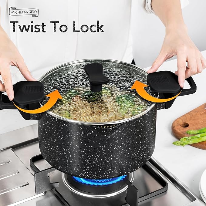 MICHELANGELO Pasta Pot with Strainer Lid, 6 Quart Cooking Pot with Twist and Lock Handles, Soup Pot with Nonstick Granite Coating, Spaghetti Pot Induction Compatible, Black