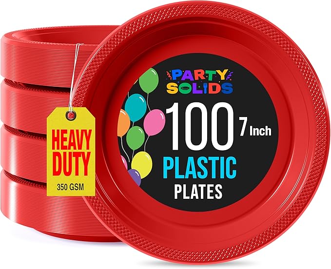 Exquisite Party Solids Red Plastic Plates For Party 7" Red Disposable Plates Heavy Duty Supplies 100 Pcs Plastic Dinnerware Sets Heavy Duty 350 GSM Disposable Dinnerware Set
