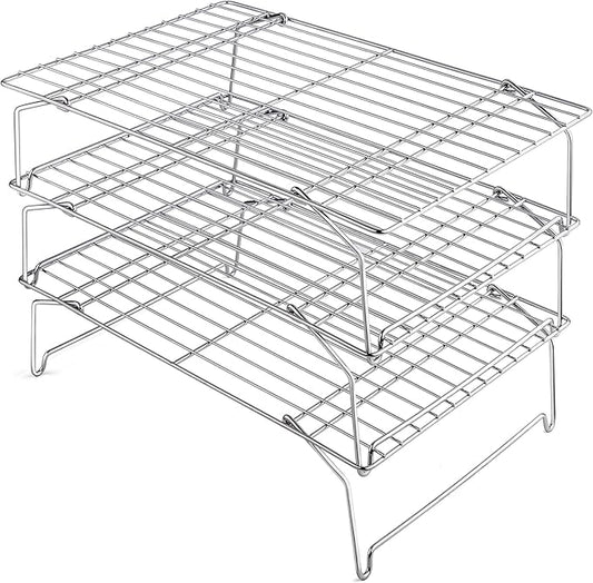 15IN x 10IN Cooling Baking Rack Set of 3, Leonyo 3-Tier Stackable Stainless Steel Wire Baking Cooking Racks Set for Cookie, Pizza, Cup Cake, Raised & Folding Feet