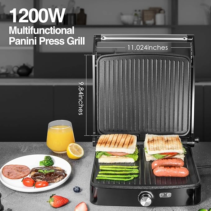 OSTBA Panini Press Grill with Adjustable Temperature,4-Slice Indoor Grill, 180° Open Sandwich Maker with Drip Tray, Non-Stick Plates, Stainless Steel, 1200W