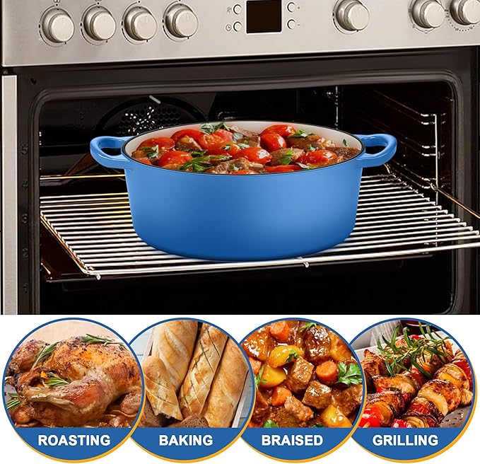 E-far 5QT Oval Dutch Oven Pot with Lid, Enameled Cast Iron Dutch Oven with Dual Handles for Sourdough Bread Baking Cooking, Nonstick Enamel Coated Cookware(Blue), Non-Toxic & Easy Clean