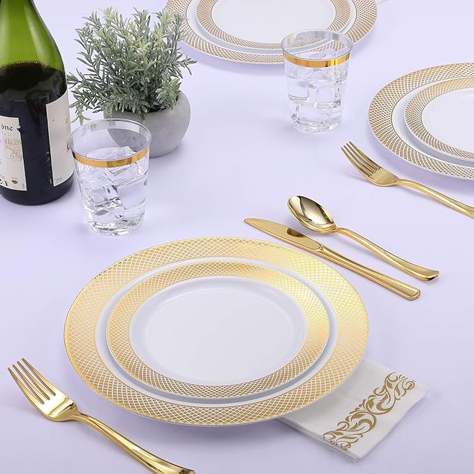 FOCUSLINE 175 Count Gold Dinnerware Set for 25 Guests - Disposable Plastic Plates with Gold Grid, Includes 25 Dinner & Salad Plates, Cups, Napkins, Cutlery Set for Wedding Parties