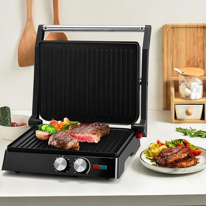 Pukomc Panini Grill Press,Sandwich Maker Press,Contact Grill, 1400W Non-Stick Grill, 60-Minute Timer, 180 Degrees Opening, Stainless Steel