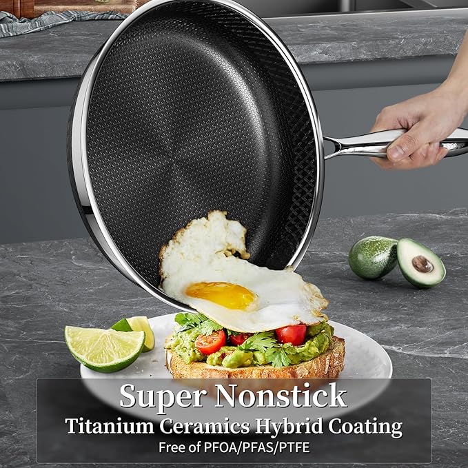 Stainless Steel Frying Pan with Lid - Titanium Ceramics Stainless Steel Nonstick Frying Pan Set, 10 Inch&12 Inch Safe Non Stick Skillet Egg Omelete Pan Set, Induction Compatible, PFOA, PFAS, PTFE Free