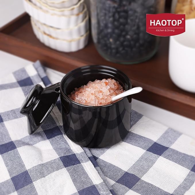 HAOTOP 8 oz Sugar Bowl with Lid and Spoon,Ceramic Sugar Jar Sugar Dispenser Sugar Container Coffee Bar Accessories, Kitchen Countertop Canisters (Black)