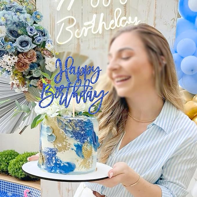 ZHUOWEISM 1 PCS Glitter Happy Birthday Cake Topper for Celebrating Anniversary Theme Party Cake Decorations Supplies Dark Blue