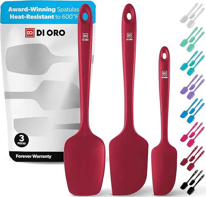 di Oro Living Silicone Spatula Set - 3-piece 600F Heat-Resistant Baking Spoon & Spatulas - Ergonomic Easy-to-Clean Seamless One-Piece Design - Pro Grade Non-stick Rubber with Stainless Steel S-Core Technology! (Red)