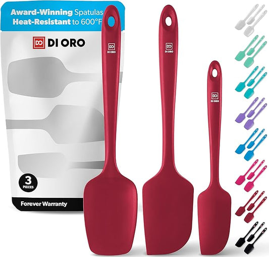 di Oro Living Silicone Spatula Set - 3-piece 600F Heat-Resistant Baking Spoon & Spatulas - Ergonomic Easy-to-Clean Seamless One-Piece Design - Pro Grade Non-stick Rubber with Stainless Steel S-Core Technology! (Red)