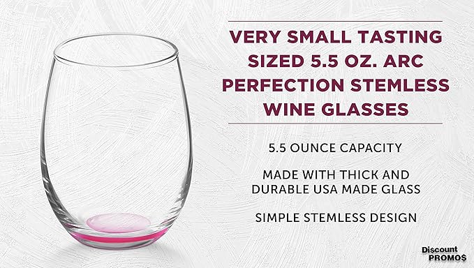 DISCOUNT PROMOS Stemless Wine Glasses by ARC 5.5 oz. Set of 12, Bulk Pack - Perfect for Hotel, Bar, Restaurant or Lounge - Pink