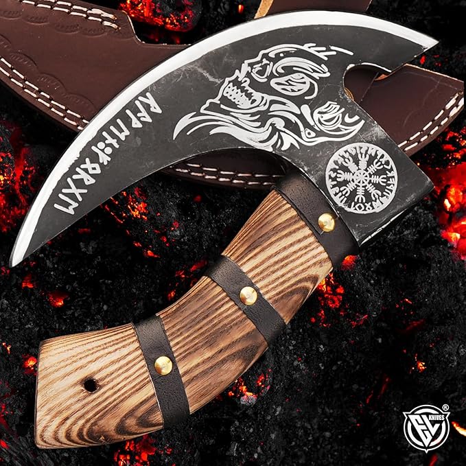 Edgelandknives® Multipurpose Viking Pizza Axe with Sheath, Viking Butcher Axe, Viking Pizza Cutter Axe - Burned Wood Handle & Heavy Duty Viking Skull Head - Perfect for Cutting Pizza, Meat, Vegetables