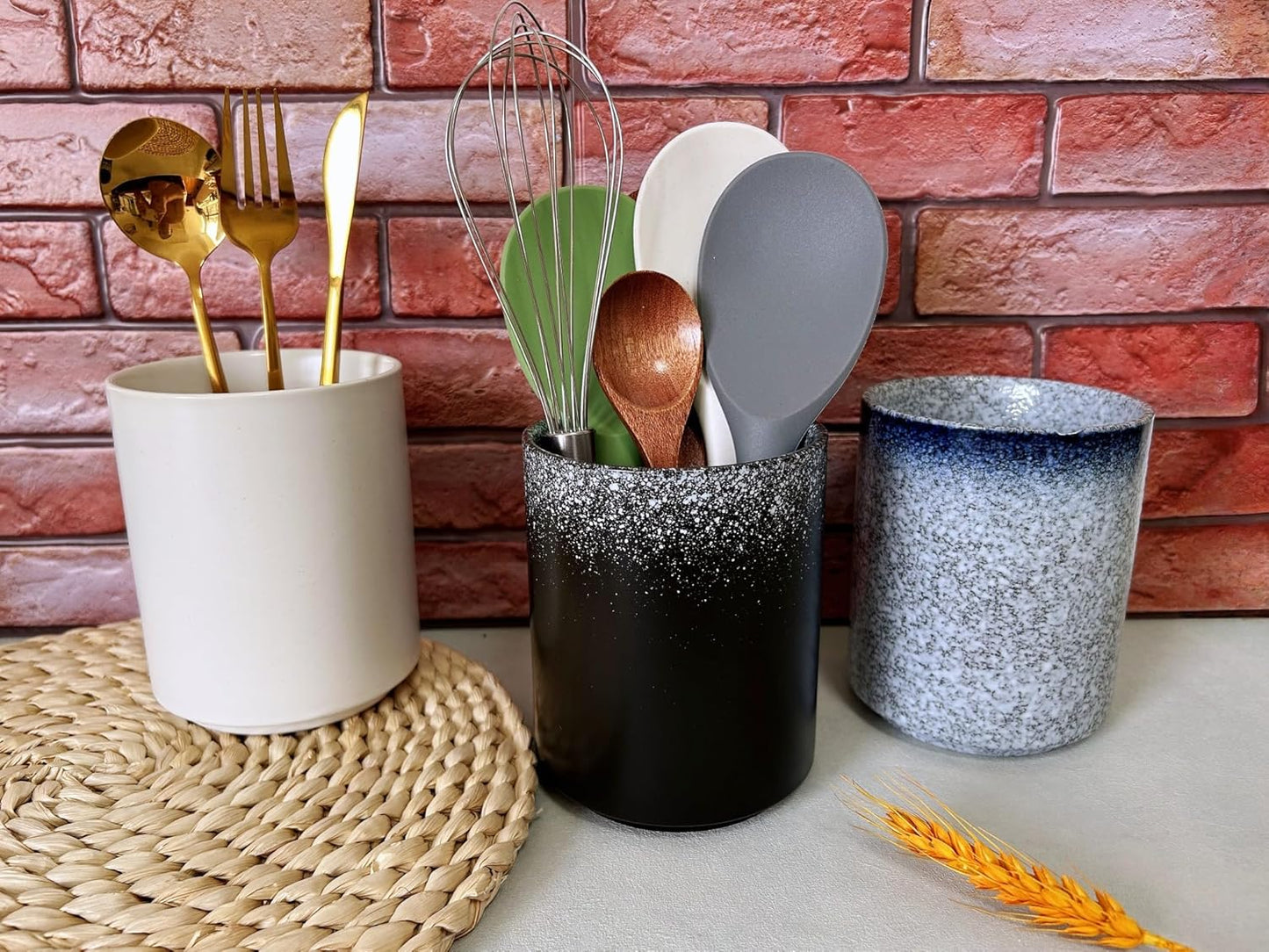 Medium Stoneware Kitchen Utensil Holder for Kitchen Counter Short Cooking Utensil Holder for Countertop Spatula Holder Small Utensil Crock Cutlery Holder Silverware Caddy Flower Vase (Snow Night)