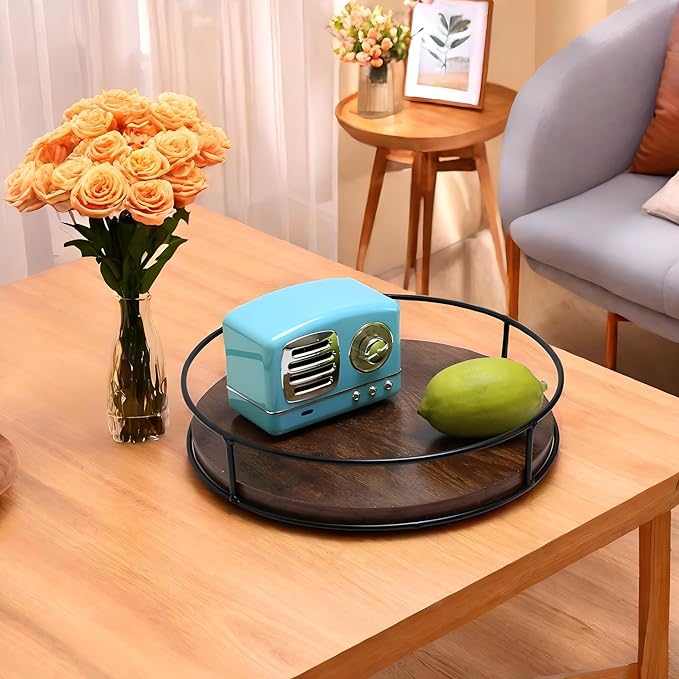 9 Inch Wood Lazy Susan Turntable for Table, Kitchen Rustic Brown Turntable Organizer with Steel Frame, 360 Degree Decorative Turntable for Countertop Cabinet or Centerpieces