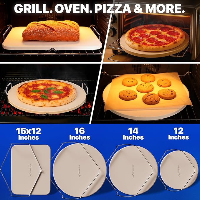 KitchenStar 14-inch Pizza Stone for Oven and BBQ Grill with Handles, Round, 5/8" Thick - Natural Cordierite, 1800 °F Resistant, Baking Stone Set with Stainless Steel Rack & Plastic Scraper Tool