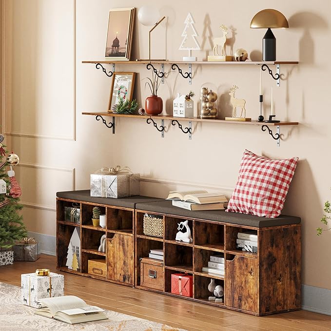 DINZI LVJ Long Wall Shelves, 47.3 Inch Large Floating Shelves Set of 4, Wide Display Shelf Wall Mounted with Brackets, Easy Hanging for Living Room, Toilet, Office, Bedroom, Rustic Brown