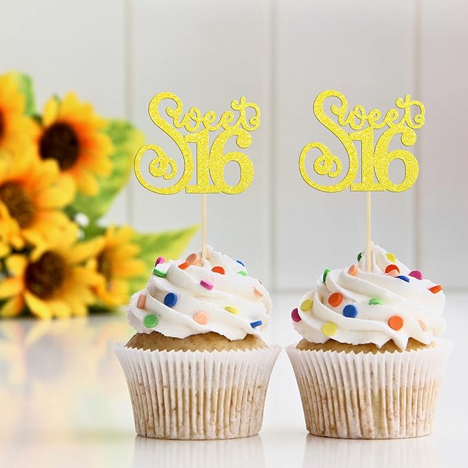 Gyufise 24 Pack 16th Birthday Cupcake Toppers Glitter Sixteen Happy Sweet 16 Cupcake Picks Cheers to 16 Years Old Cupcake Decorations for 16th Birthday Anniversary Party Supplies Multi Gold