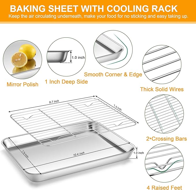 Homikit Baking Sheet with Wire Rack, 10 x 8 Inch Stainless Steel Cookie Sheets for Baking, Small Baking Pan with Cooling Rack, Nonstick Metal Toaster Oven Bacon Tray, Rust Free & Dishwasher Safe