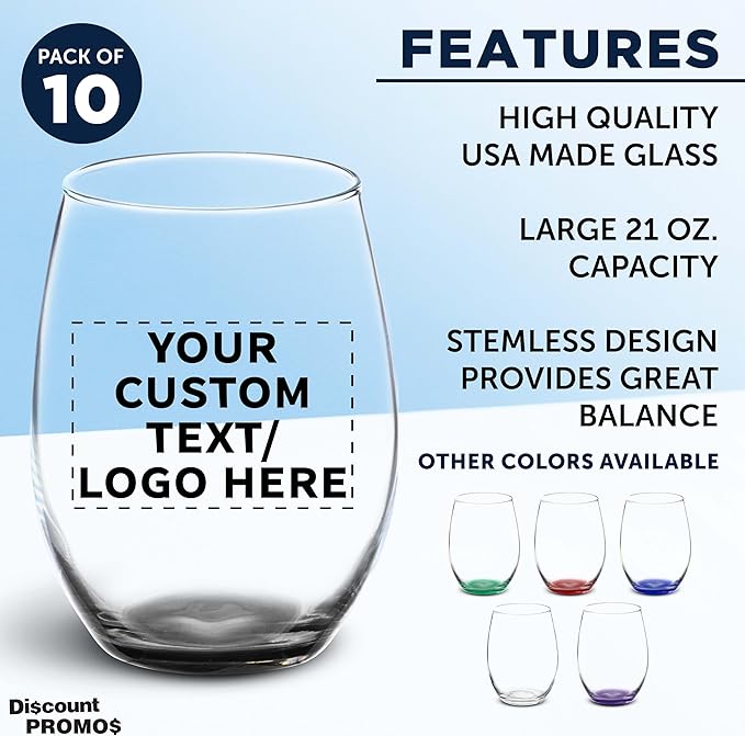 DISCOUNT PROMOS 10 ARC Stemless Wine Glasses Set, 21 oz. - Customizable Text, Logo - Chardonnay, Cabernet, Merlot, Sauvignon - Black