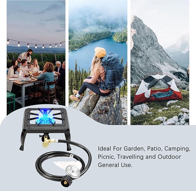 Vivicreate Single burner cast iron flame camping stove, include CSA listed regulator and gas hose (HT-C-0011)