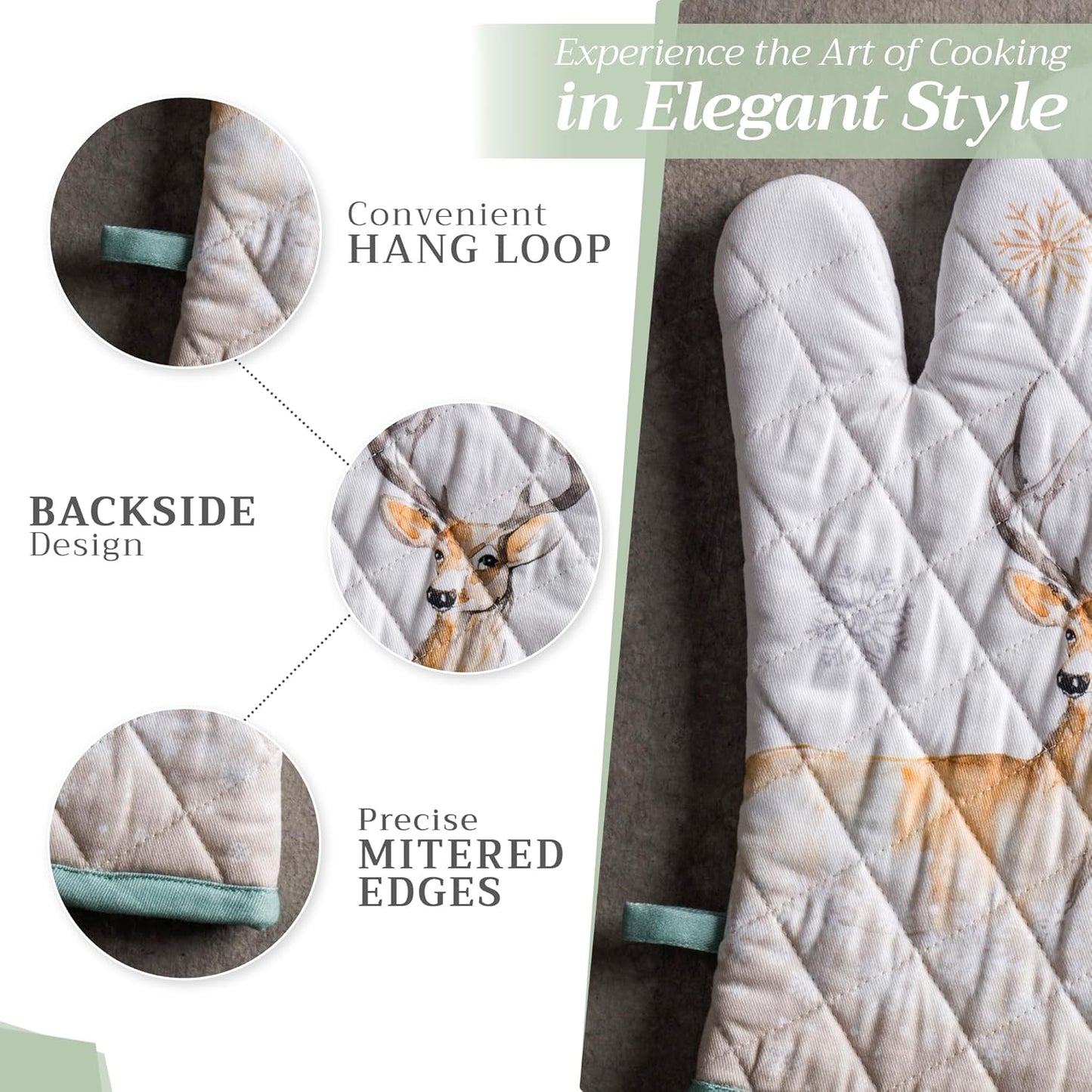 Maison d' Hermine 100% Cotton Oven Mitt & Pot Holder Set (7.5"x13" & 8"x8") Heat Resistant BBQ Cooking Gloves with Loop, Baking, Grilling, Kitchen, Handling Hot Pans (Deer in The Woods)