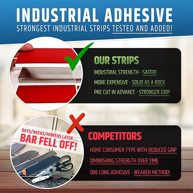 Strong Adhesive (No Drill) Magnetic Knife Holder for Wall - Professional 17 Inch Knife Strip - No Screws Needed - Adhesive Backing - Stainless Steel Knife Bar (Upgraded Version – Will Not Fall)
