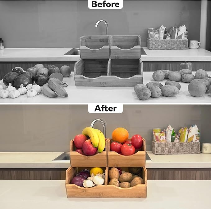 HOMESTEAD Bamboo Pantry Storage Bins - Stackable Baskets, Potato and Onion Storage for Pantry Organization, Set 3 Pieces