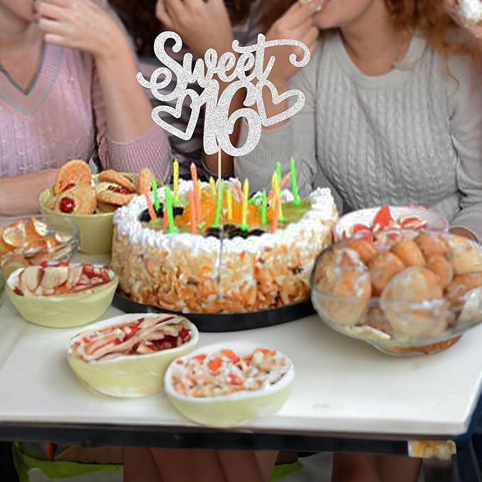 Gyufise 1Pc Sweet Teenager 16 Cake Topper Glitter 16th Birthday Cake Pick for Cheers to 16 Years Old 16th Birthday Party Cake Decorations Supplies Sliver