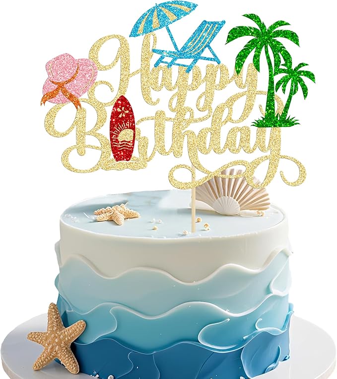 Gyufise 1Pcs Summer Beach Happy Birthday Cake Topper Glitter Ball Tree Umbrella Pool Cake Pick for Hawaiian Holiday Baby Shower Birthday Party Cake Decorations Supplies Gold