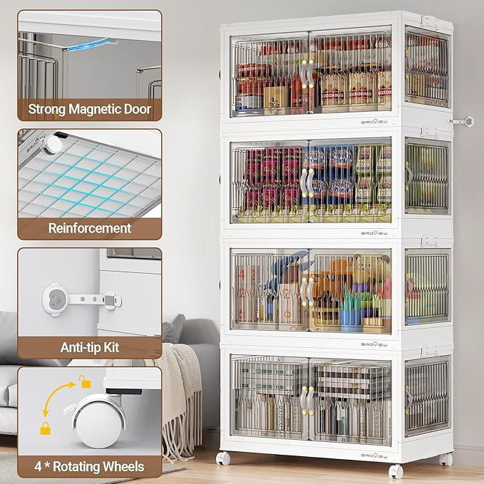 600QT Large Stackable Storage Bins with Lids, Plastic Closet Organizer and Storage Drawer, Collapsible Storage Box with Wheels, Folding Storage Cabinet with Doors for Home Kitchen, 5Pack White