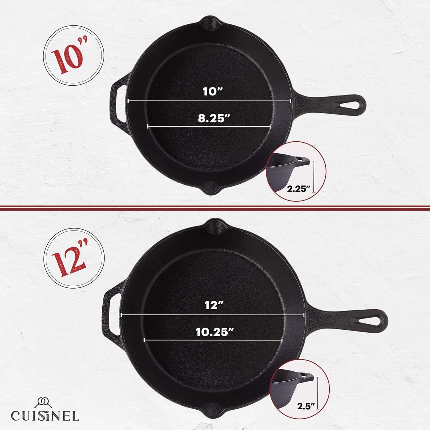 Cuisinel Cast Iron Skillets Set - 10" + 12"-Inch Pre-Seasoned Frying Pans + Removable Silicone Handle Holder Grips + Pan Scraper - Oven-Safe Cookware Kit + Accessories + Handle Helper