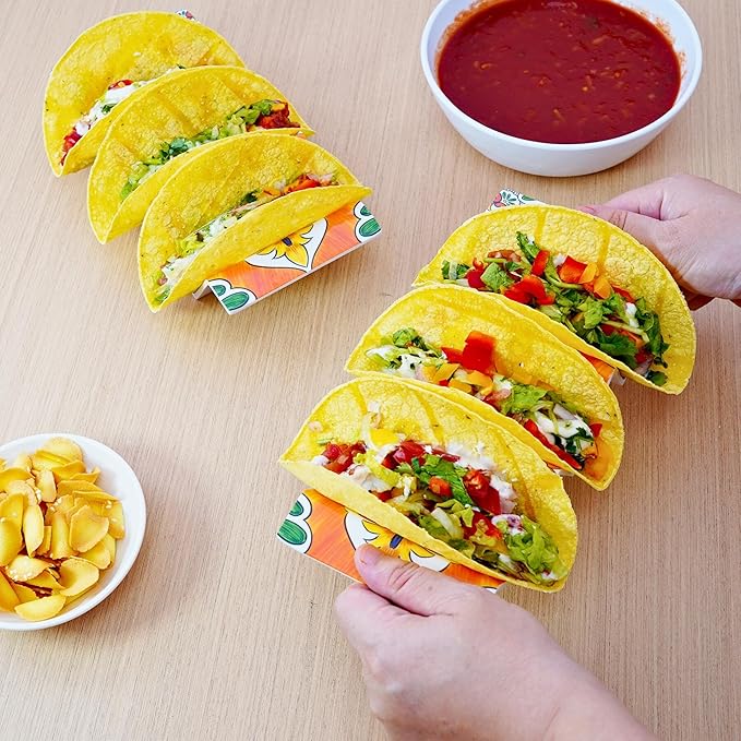 TP Taco Holder Stands, Set of 2 Melamine Large Taco Serving Rack Tray with Handle, Holds 3 Tacos, Dishwasher Safe, Ideal for Taco Night, Party, Home, Fiesta, Talavera Bloom