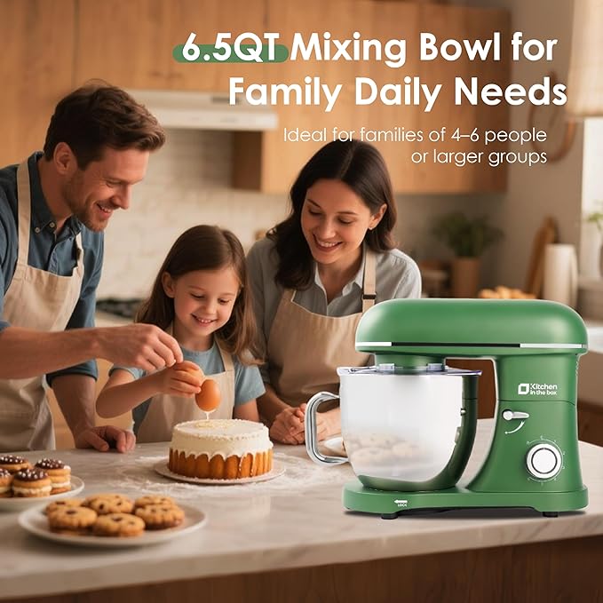 Kitchen in the box Stand Mixer - 6.5 Quart Mixing Bowl with Handle, 900 Watt Powerful Heavy Bread Dough Standing Mixers Tilt-head with Dough Hook, Whisk, Flat Beater and Splash Guard (Green)