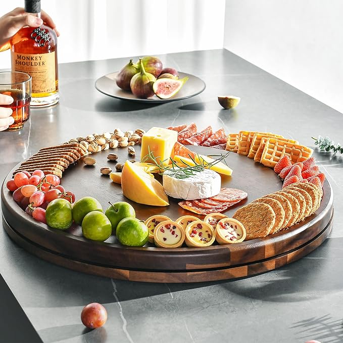 Shanik Acacia Wood Rotating Cheese Board – Lazy Susan Charcuterie Platter for Serving Cheese, Meats, Crackers, and Appetizers