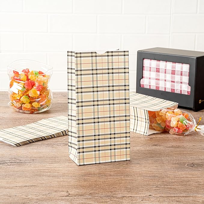 Restaurantware Bag Tek 2 LB Disposable Lunch Bags 100 Sturdy Take Out Bags - Flat Bottom Great For Restaurants Cafes And Bakeries Plaid Paper Popcorn Bags Versatile For Grocery And More