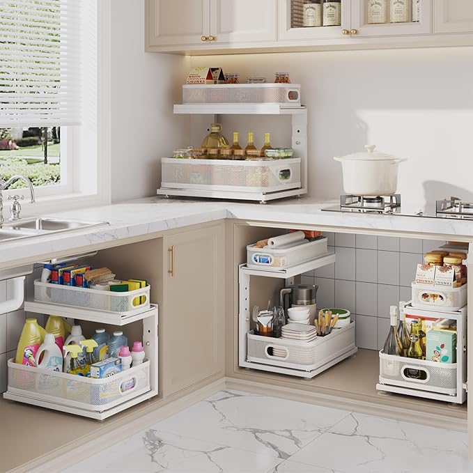 2 Pack Under Sink Organizer With Next-Gen Ball-Bearing Slides,2-Tier Precision Mesh Pull Out Cabinet Drawers Storage for Bathroom&Kitchen,Height Adjustable Shelf,Rust-resistant-Patent Pending