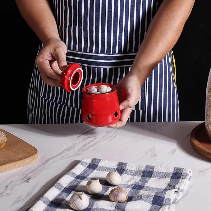 HAOTOP Ceramic Mini Garlic Keeper with Lid, Garlic Container Saver for Countertop, Keep Your Garlic Cloves Fresh (Red)