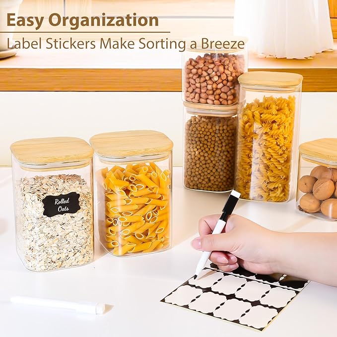 37oz Square Glass Storage Containers with Bamboo Lids – 4 Pack Clear Food Airtight Glass Jars for Pantry Organizers and Storage, Kitchen Dry Food, Coffee, Sugar, Flour, Snacks, Spices