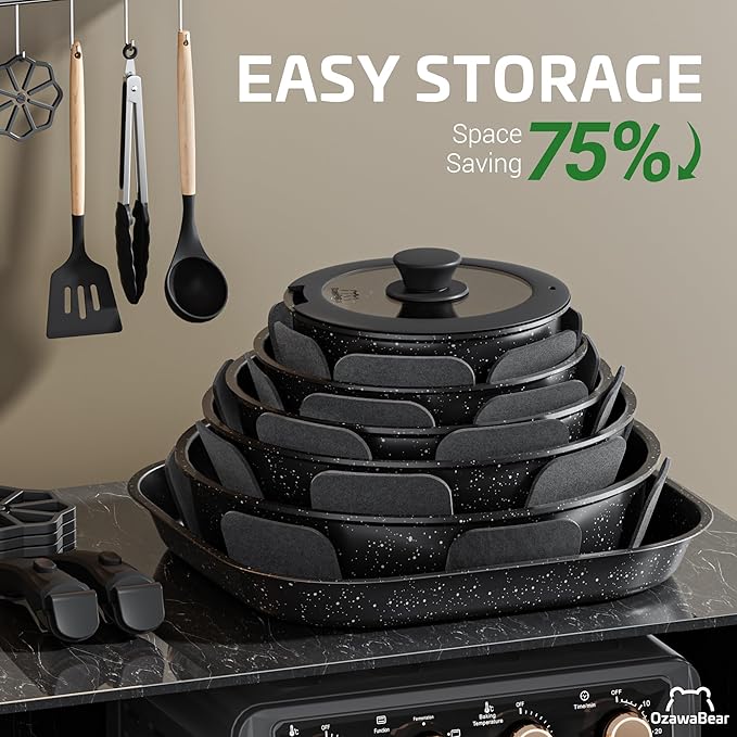 26 Pcs Pots and Pans Set Non Stick, Ceramic Cookware Set Non Toxic with Detachable Handles, Healthy Induction Cookware Dishwasher Oven Safe RV Kitchen Set, PFAS PFOA & PTFE Free, Black